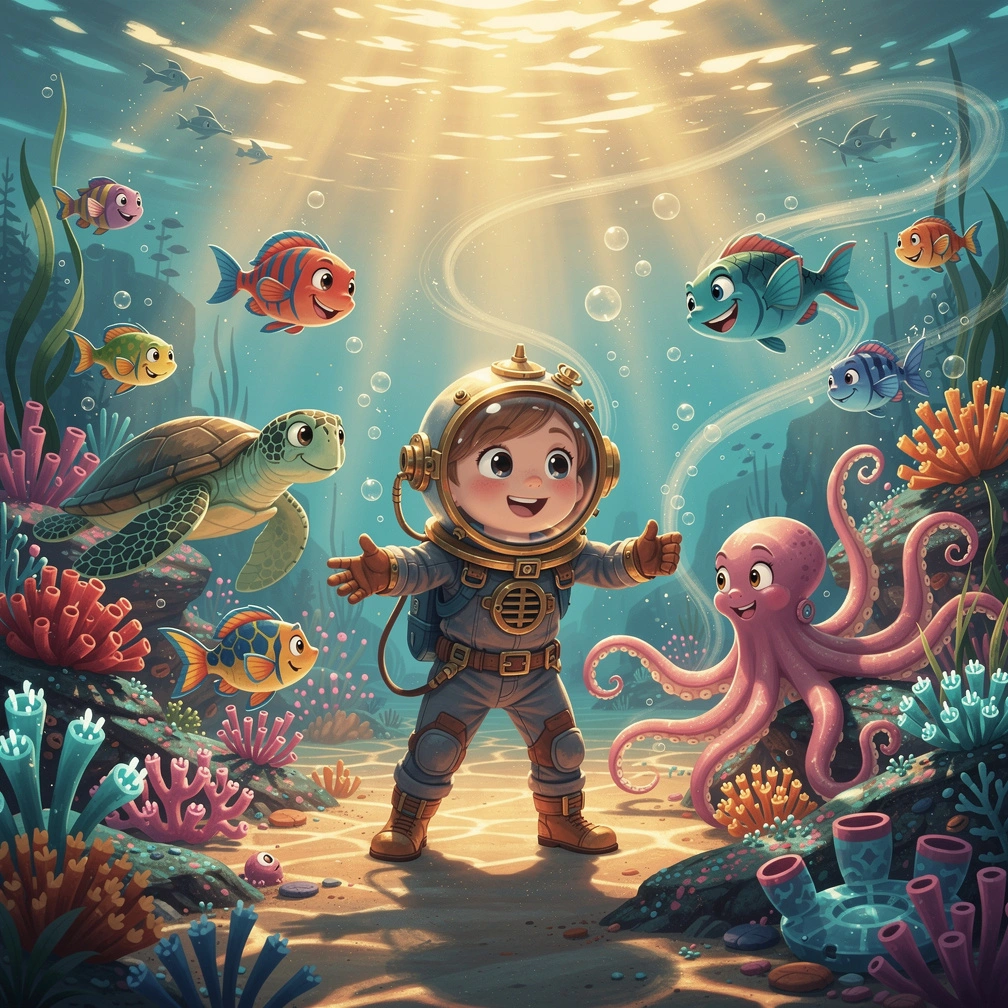 Theo and the Tiny Swimmer — sample illustration